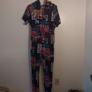 Shein Pop Art Retro Comic Magazine Short Sleeve Half Zip Pantsuit